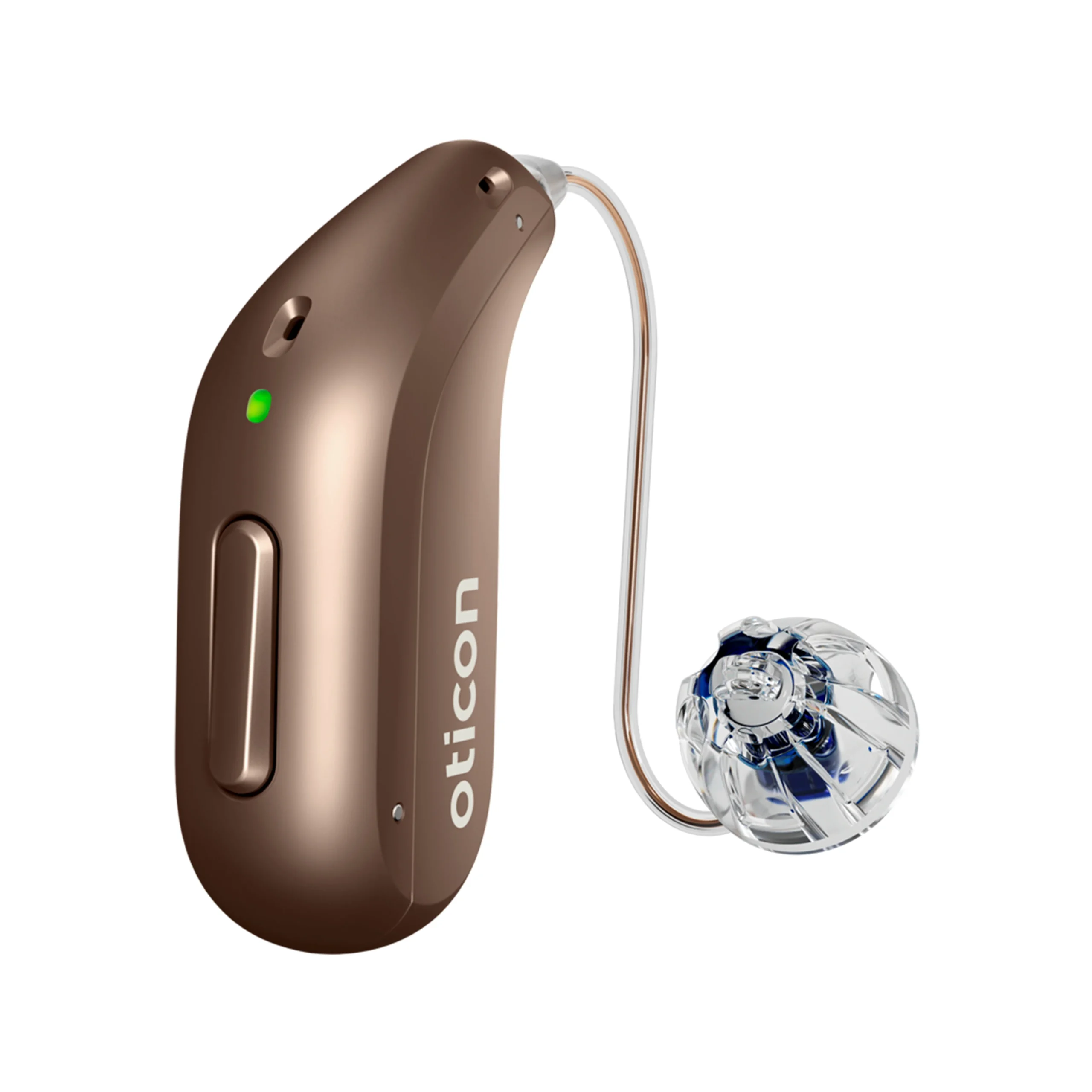 Oticon_Intent_miniRITE_H1-2024_Left_C093ChestnutBrown_LEDgreen_Speaker60_OpenBassDome_1200x1200px_PNG